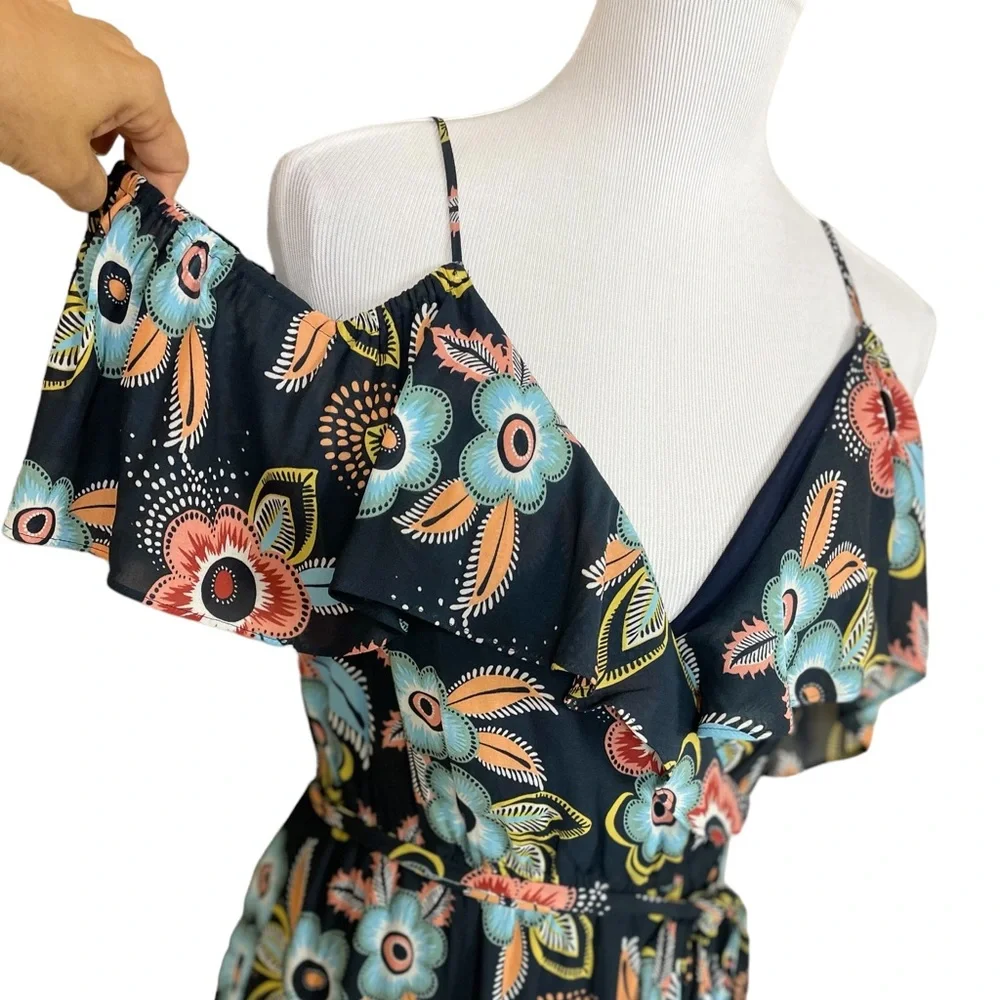 EUC Ann Taylor LOFT Muliticolor Floral Cold Shoulder Ruffle Maxi Dress